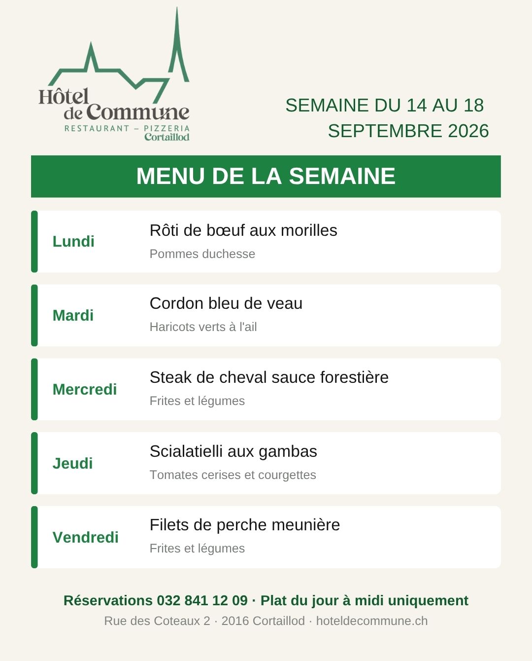 Menue de la semain edu 6 au 11 septembre 2026